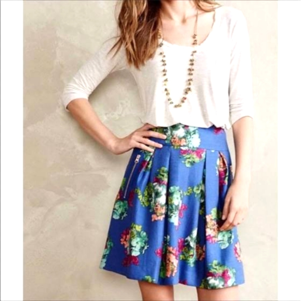 Anthropologie Maeve Floral Pleated High Waist Mini Skirt 15% silk, SZ 2‐4